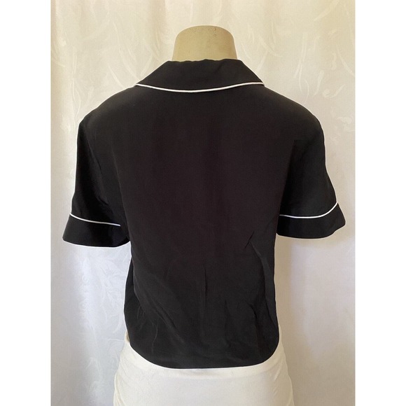 FRAME PJ Piped Silk Pajama Shirt Black Top Button Down Short Sleeve V Ne… - Picture 4 of 6